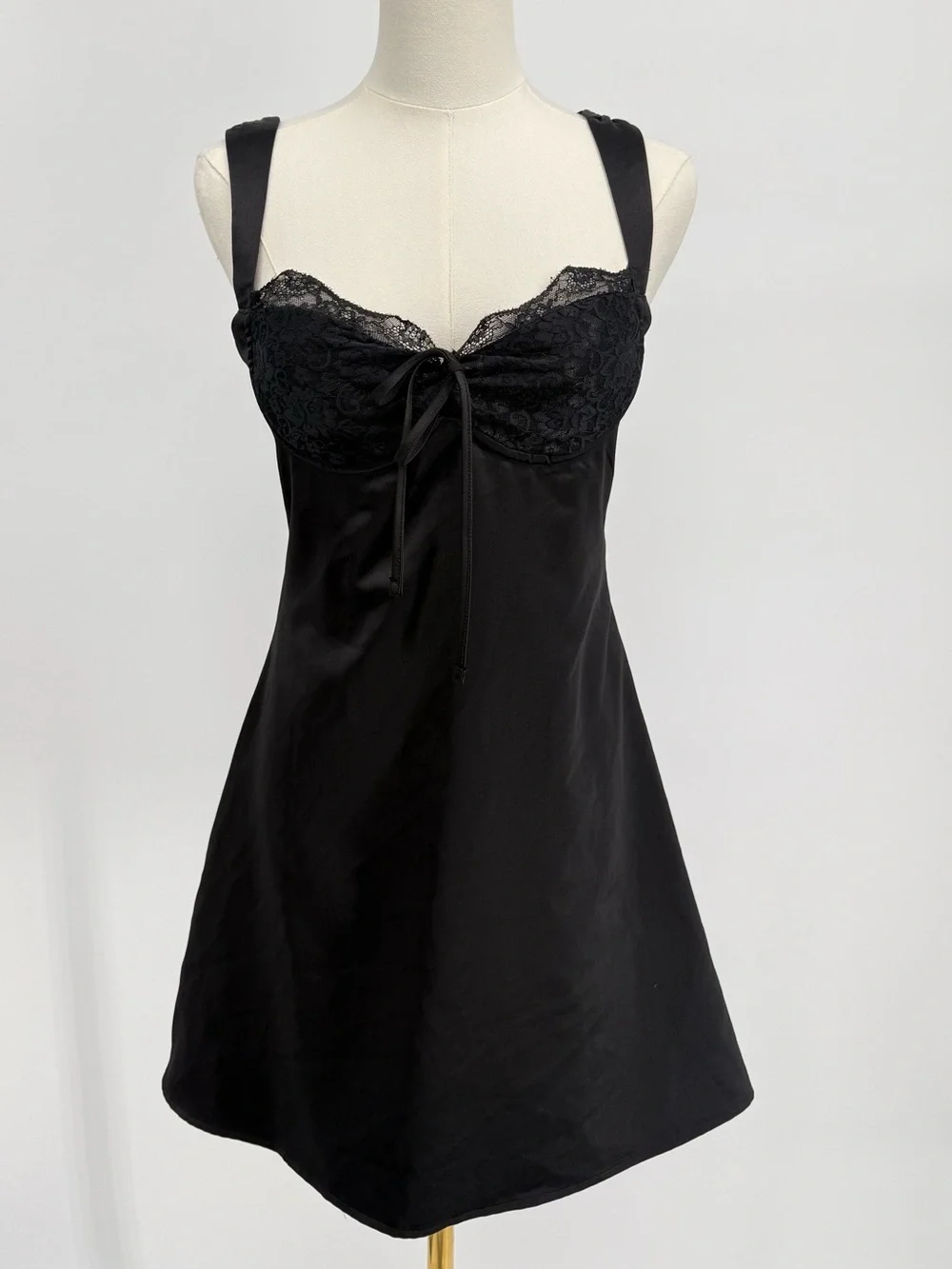 Forever 21 Womens Black Lace Trim Satin Slip Dress Mini Small Tie Front